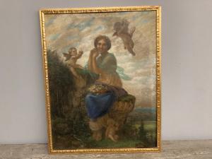 Antique large Liberty Art Nouveau painting from 1930 "Peasant Woman and Putti" pastel painting 86 x 69 cm in a contemporary frame.